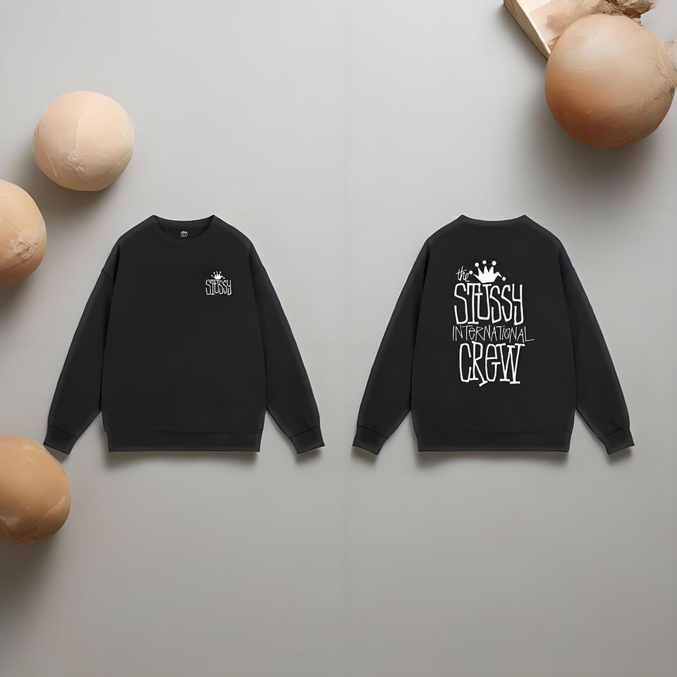 Stussy Black Cotton Unisex Classic Print Oversized Hoodie