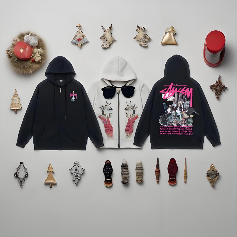 Stussy Black Cotton Zip Hoodie Unisex Streetwear