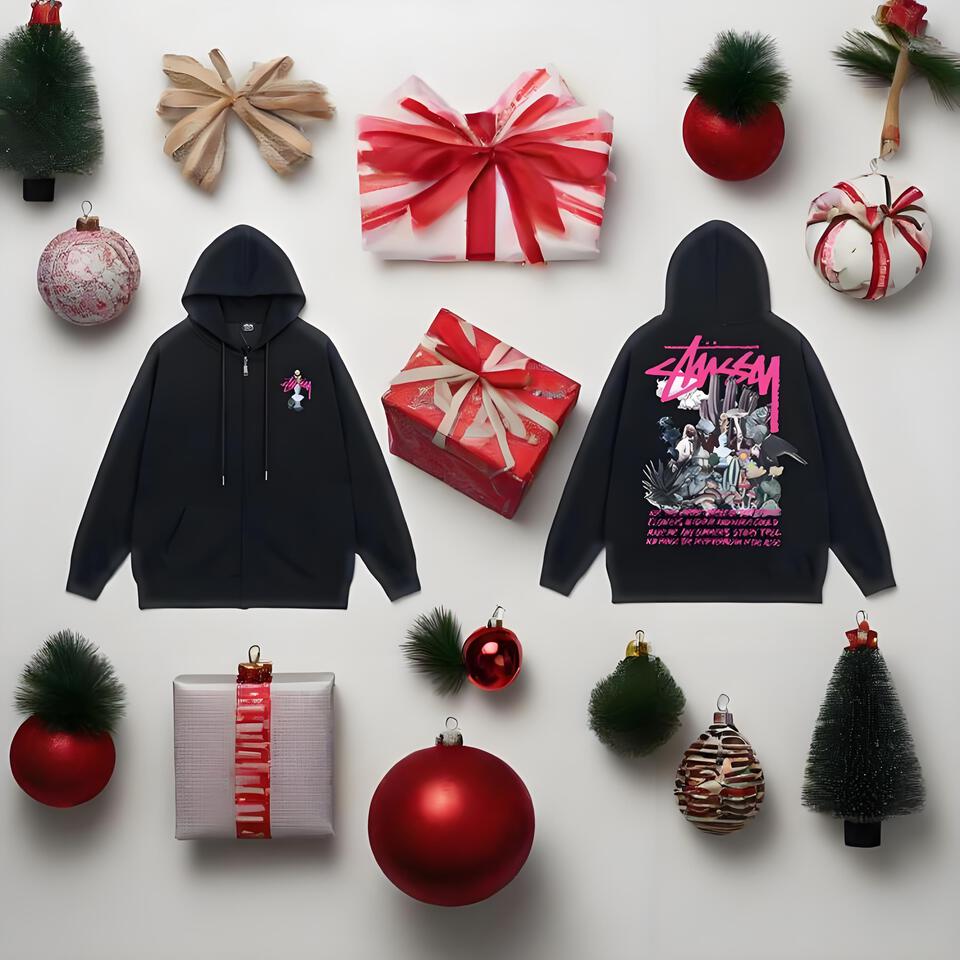 Stussy Black Cotton Zip Hoodie Unisex Streetwear