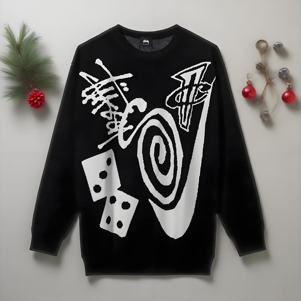 Stussy Black Crewneck Sweater Street Art Print Unisex