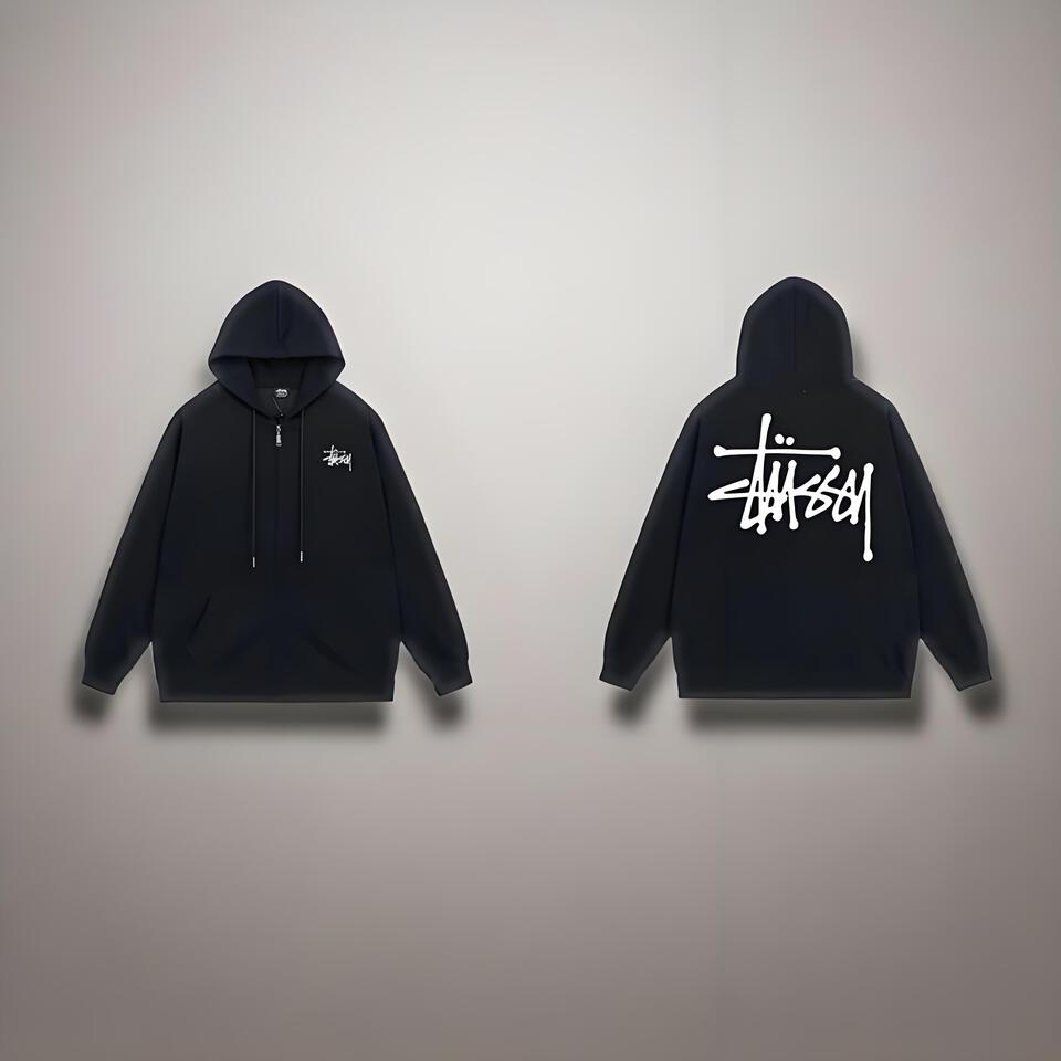 Stussy Black Hooded Zip-Up Graffiti Cotton Unisex Sweatshirt