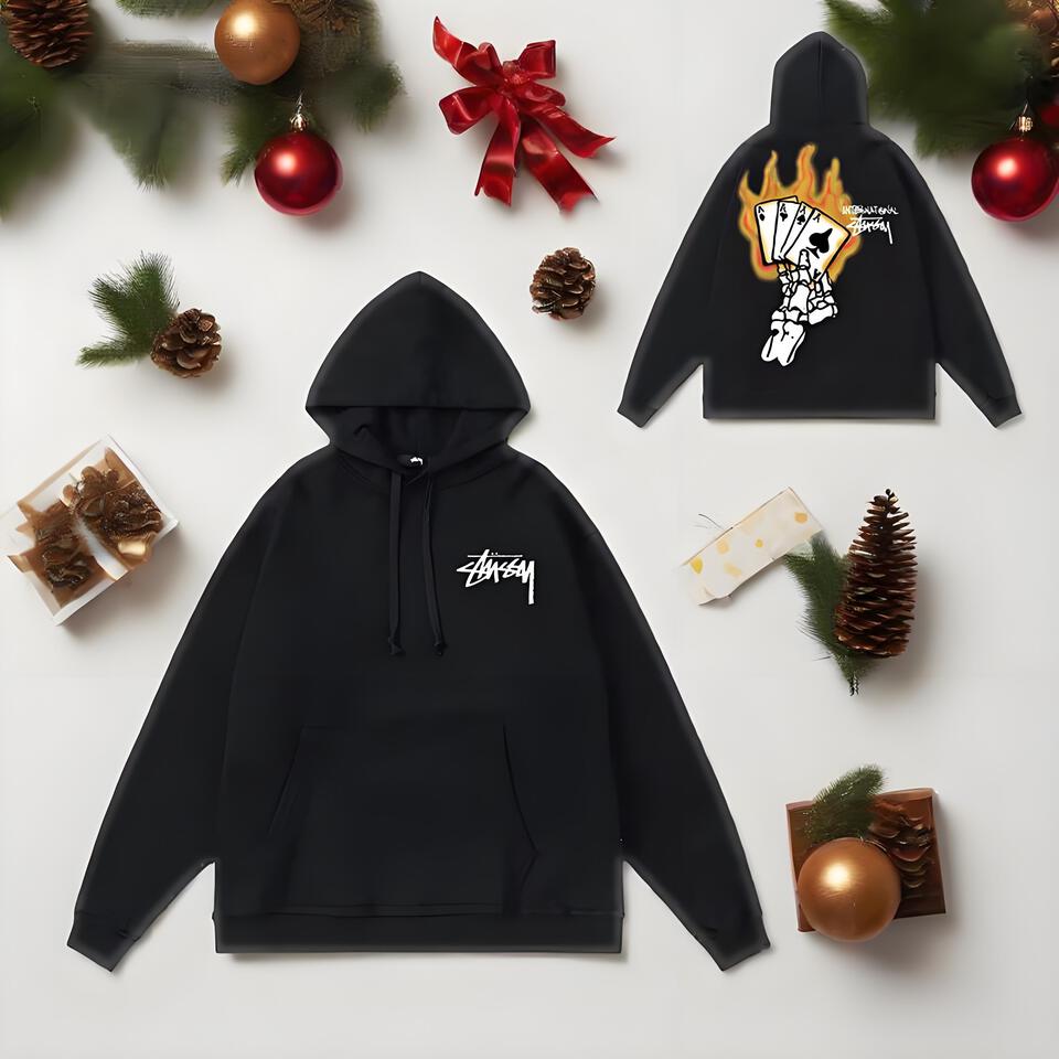 Stussy Black Hoodie Flame Poker Street Unisex Oversized Fit
