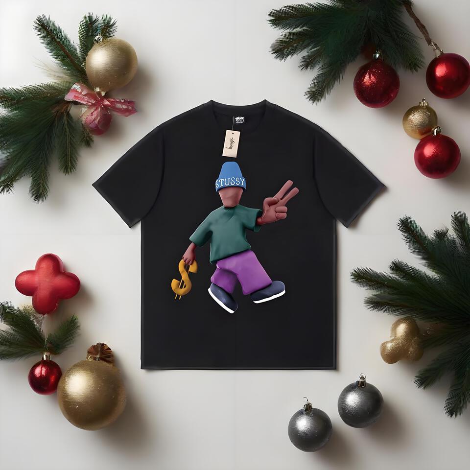 Stussy Black Loose Cotton Cartoon Print T-Shirt