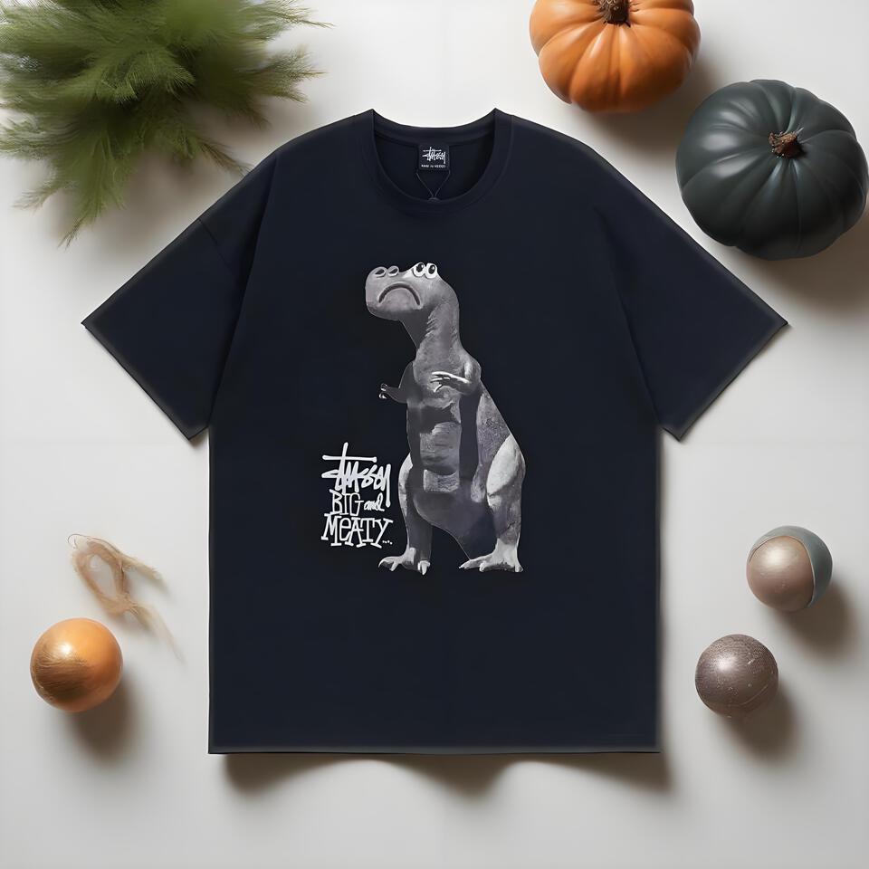 Stussy Black Loose Cotton Dinosaur Print Unisex T-Shirt