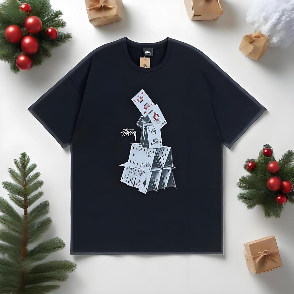 Stussy Black Loose Cotton Poker Print T-Shirt