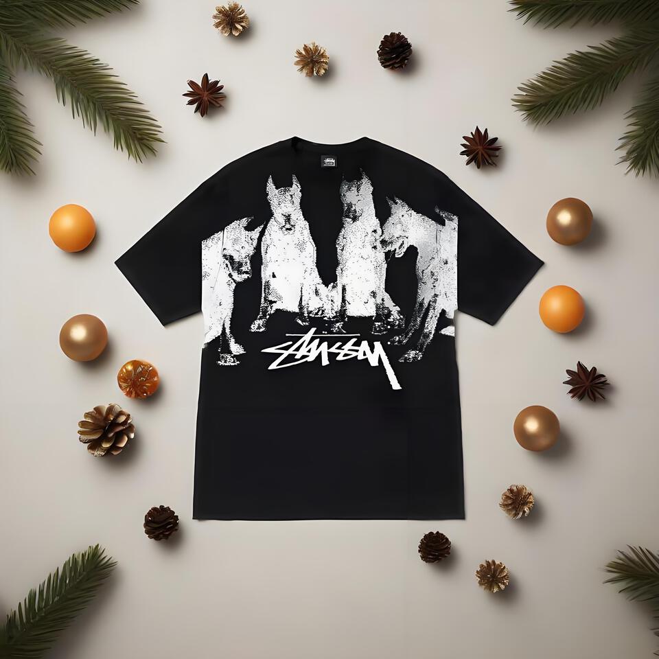 Stussy Black Loose Fit Cotton Hound Graphic Unisex Street Tee
