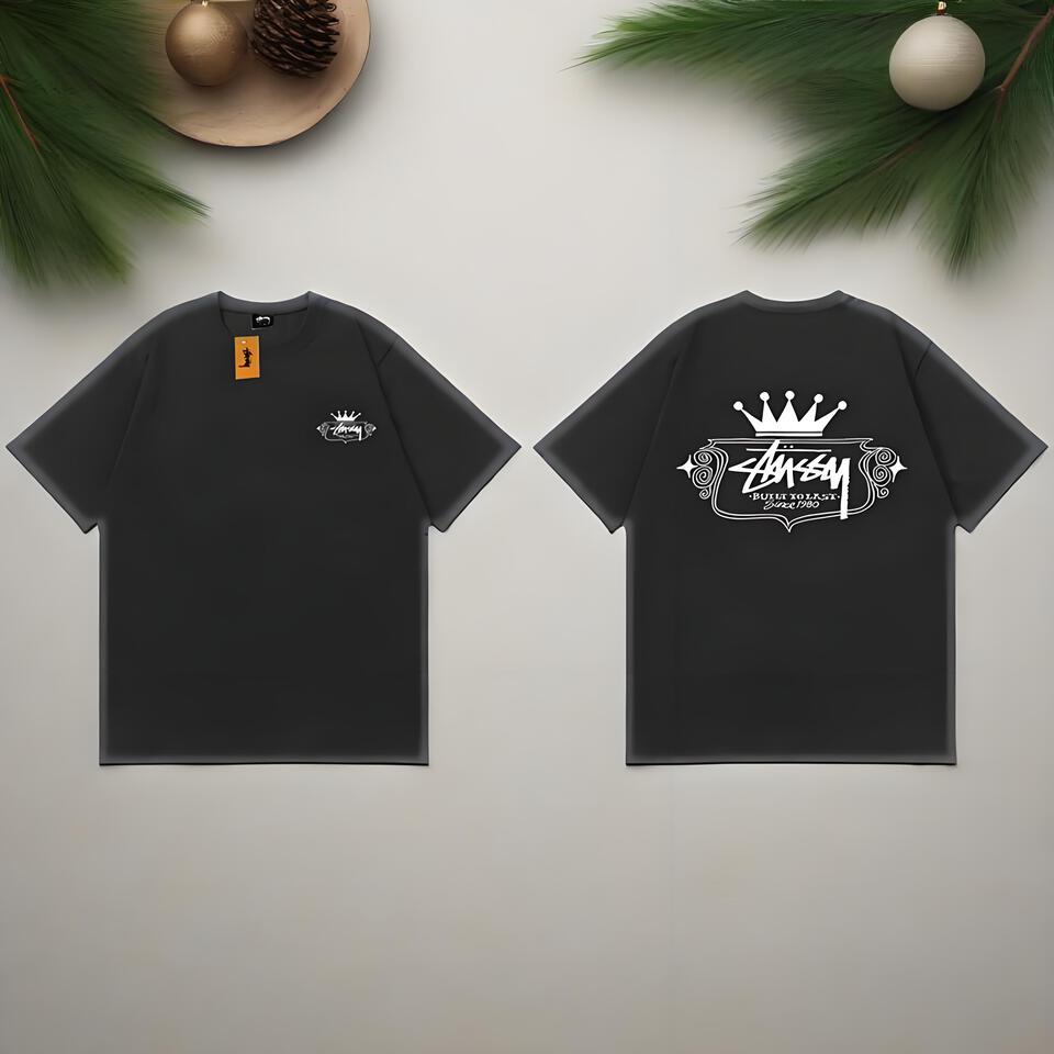 Stussy Black Oversized Cotton Crown Print T-Shirt
