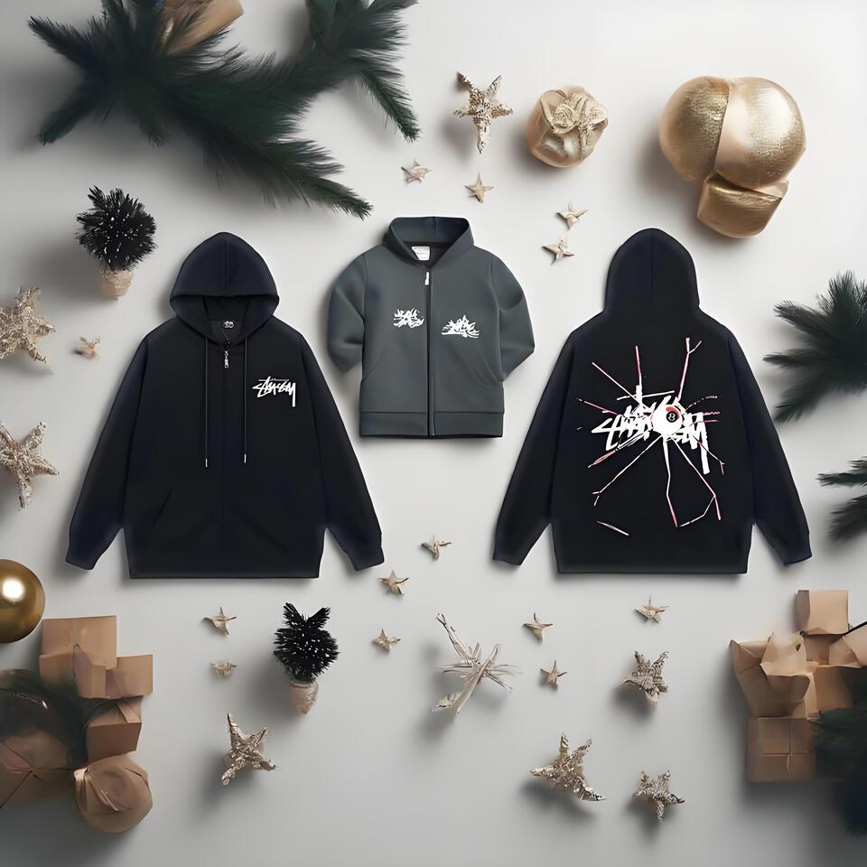 Stussy Black Zip Hoodie Unisex Cotton Streetwear