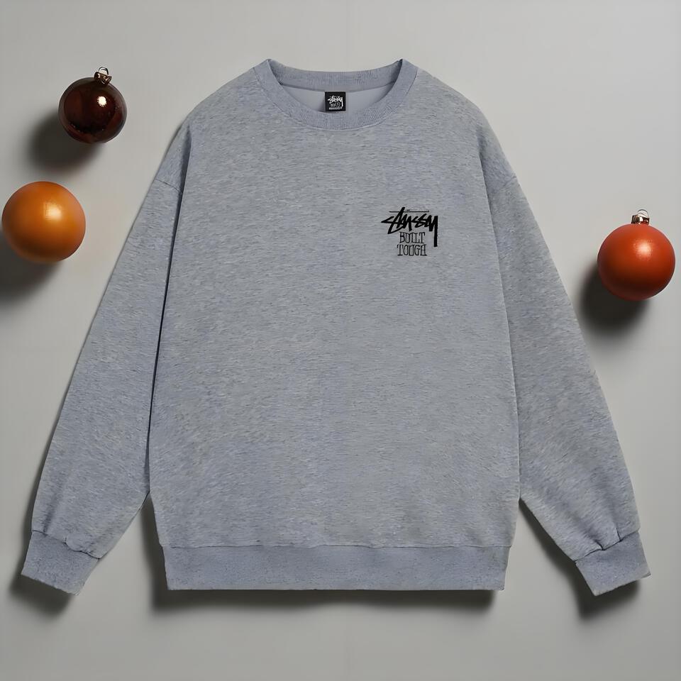 Stussy Bolt Tough Grey Men's Cotton Hoodie Sweatshirt Heavyweight Pullover
