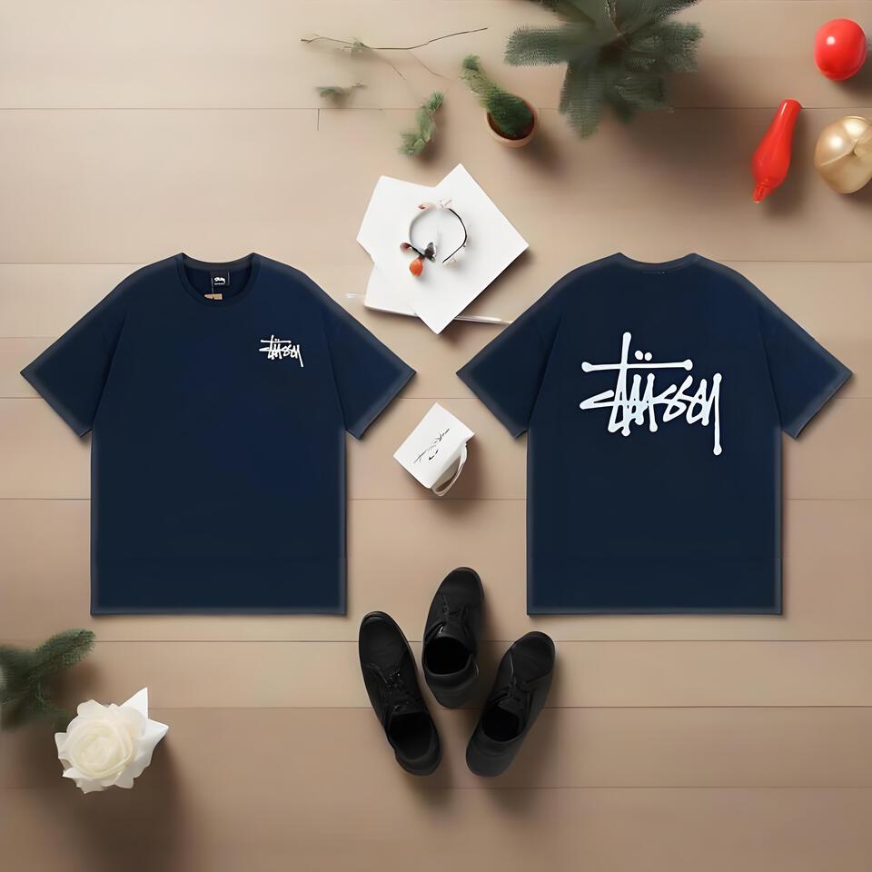 Stussy Classic Blue Graffiti Loose Fit Cotton T-Shirt