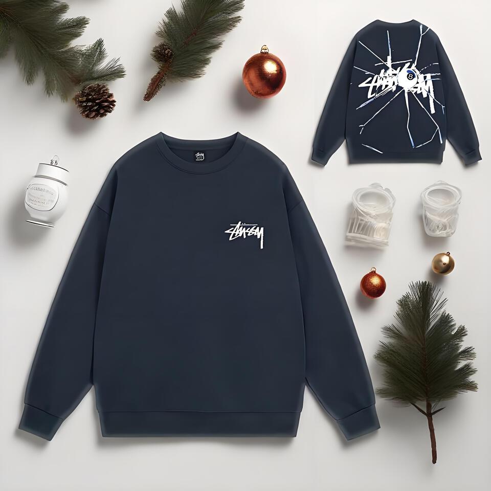 Stussy Cracked Graffiti Loose Fit Navy Blue Cotton Hoodie