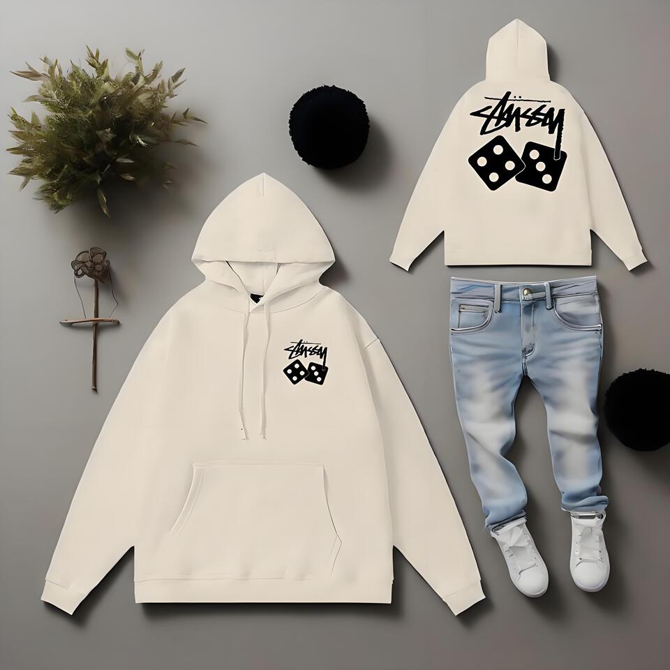 Stussy Cream Cotton Hoodie Unisex Streetwear Casual