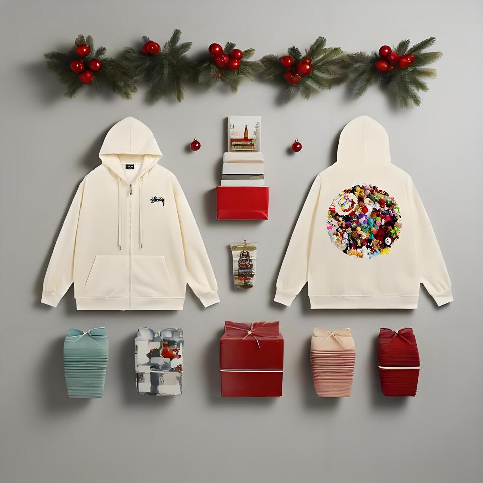 Stussy Cream Cotton Hoodie Unisex Streetwear Loose Fit