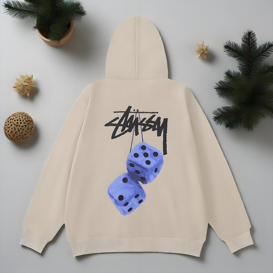 Stussy Cream Cotton Hoodie Unisex Streetwear Loose Fit