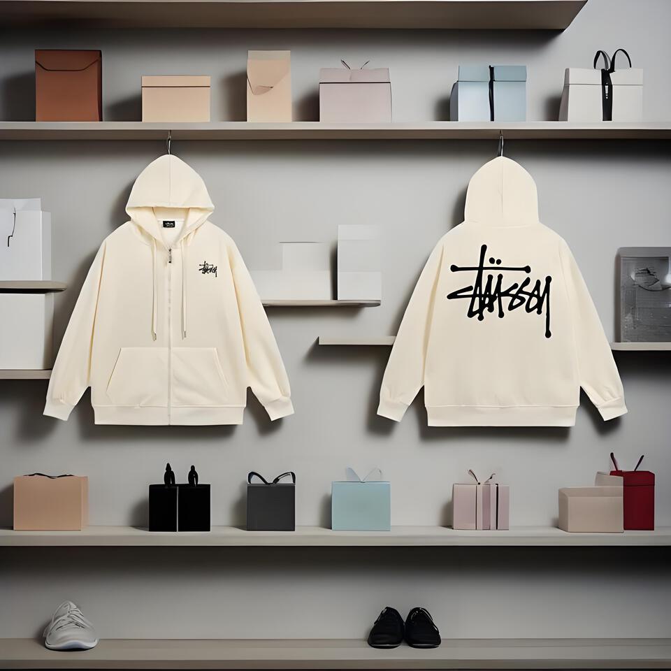 Stussy Cream Graffiti Hoodie Unisex Loose Cotton Sweatshirt