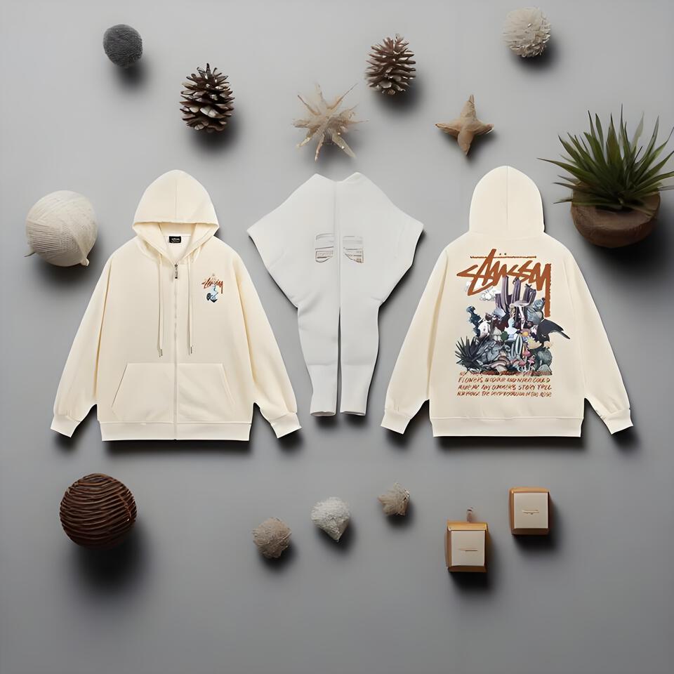 Stussy Cream Hoodie Classic Print Streetwear Unisex