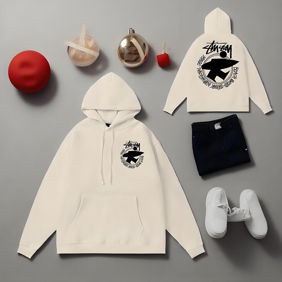 Stussy Cream Hoodie Unisex Streetwear Graphic Print Cotton