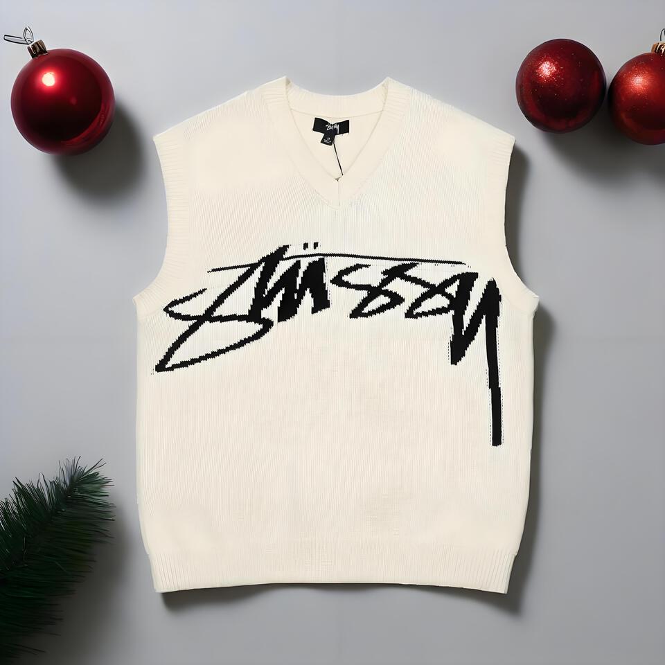 Stussy Cream Knit Vest Unisex Streetwear V-Neck Graffiti Print