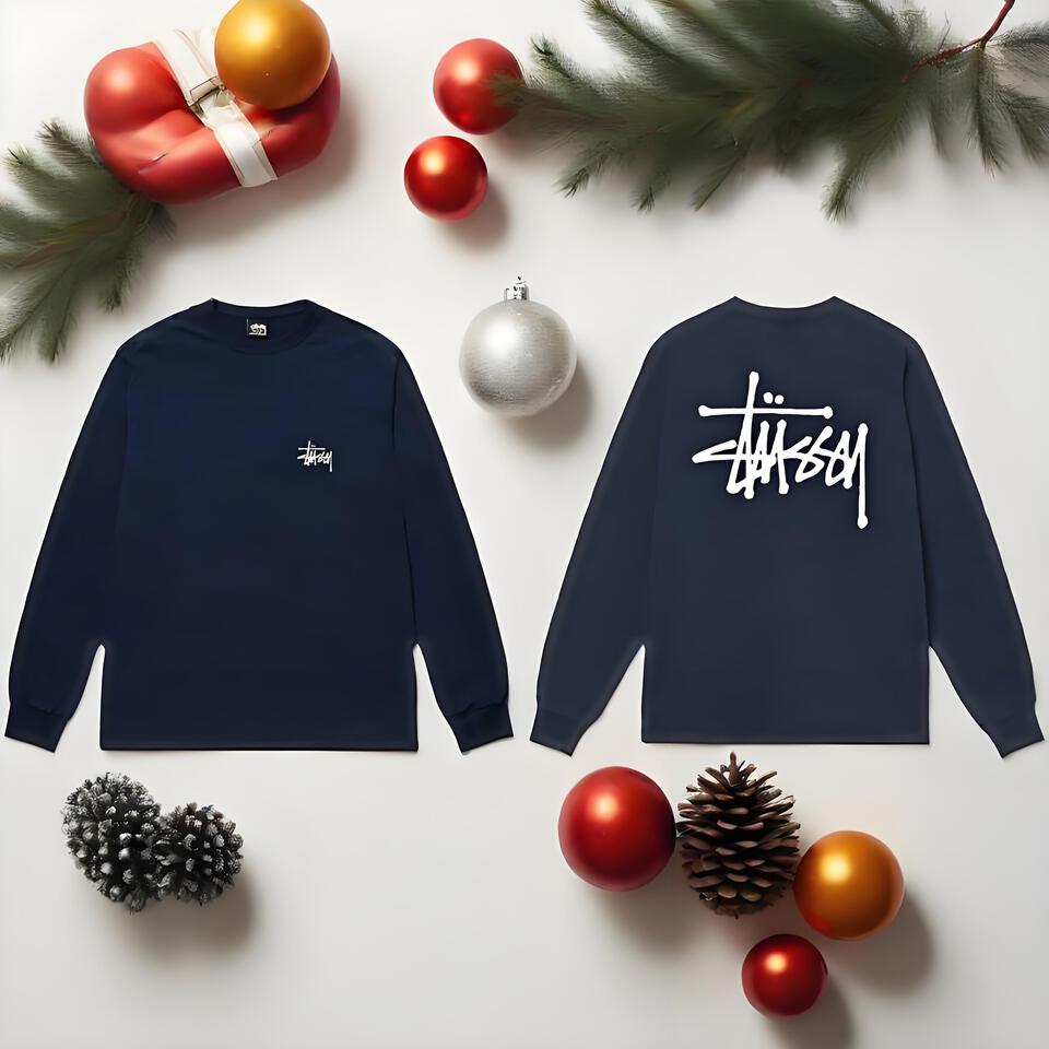 Stussy Deep Blue Graffiti Cotton Long Sleeve T-Shirt
