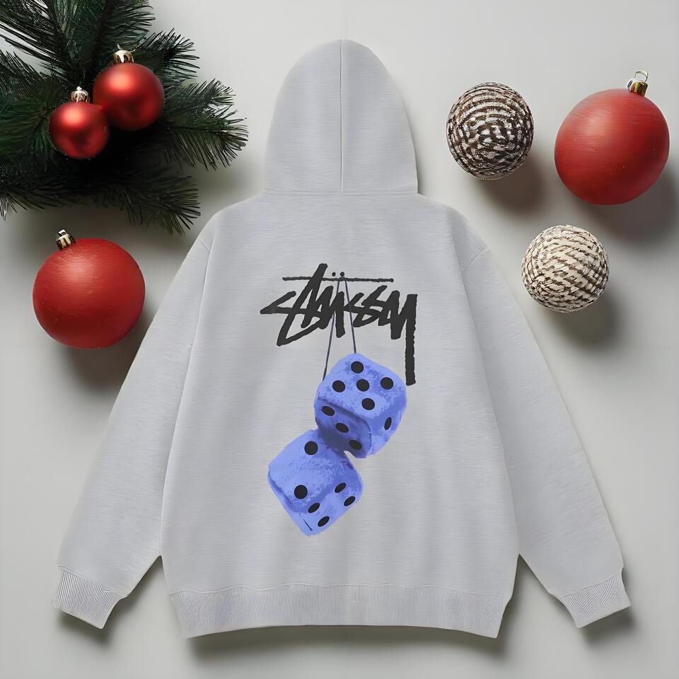 Stussy Dice Print Hoodie Unisex Gray Cotton Streetwear