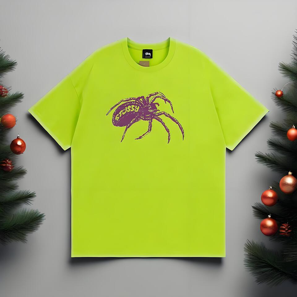 Stussy Fluorescent Green Spider Print Loose Cotton Tee