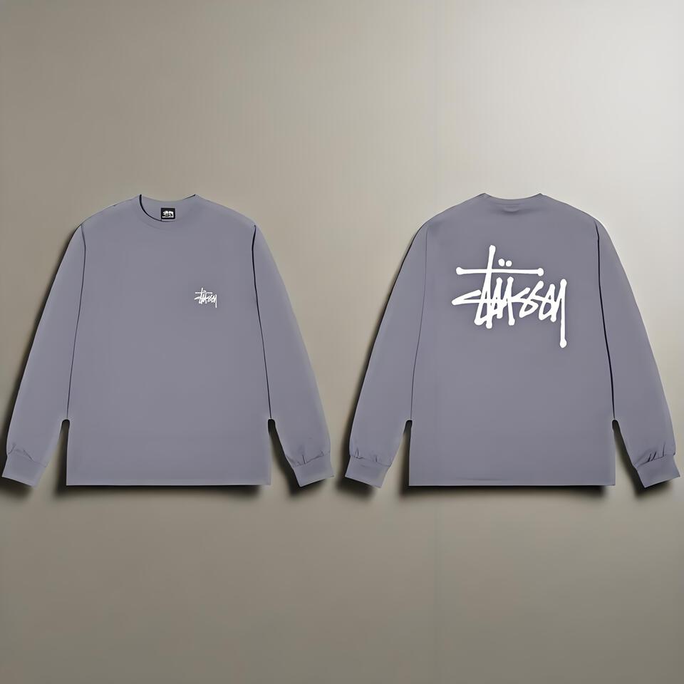 Stussy Gray Purple Cotton Long Sleeve Tee Street Graffiti Print Unisex