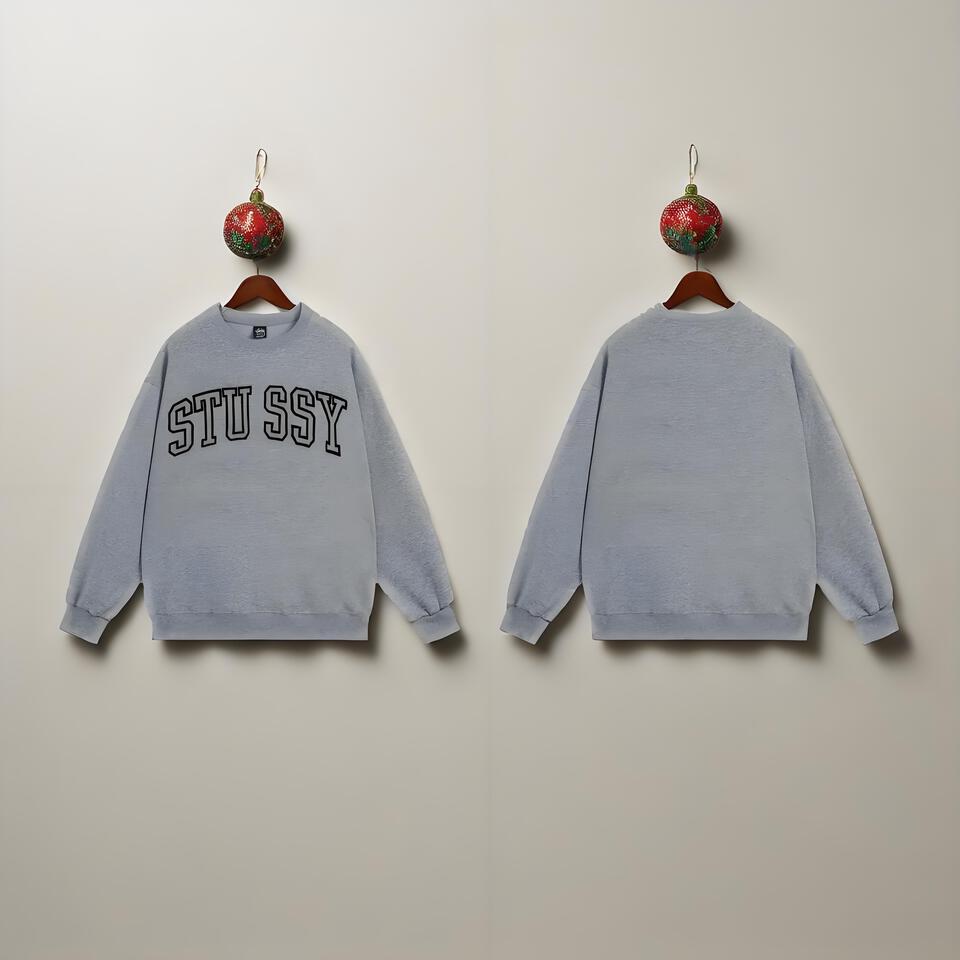 Stussy Grey Cotton Crewneck Sweatshirt Retro Logo Streetwear