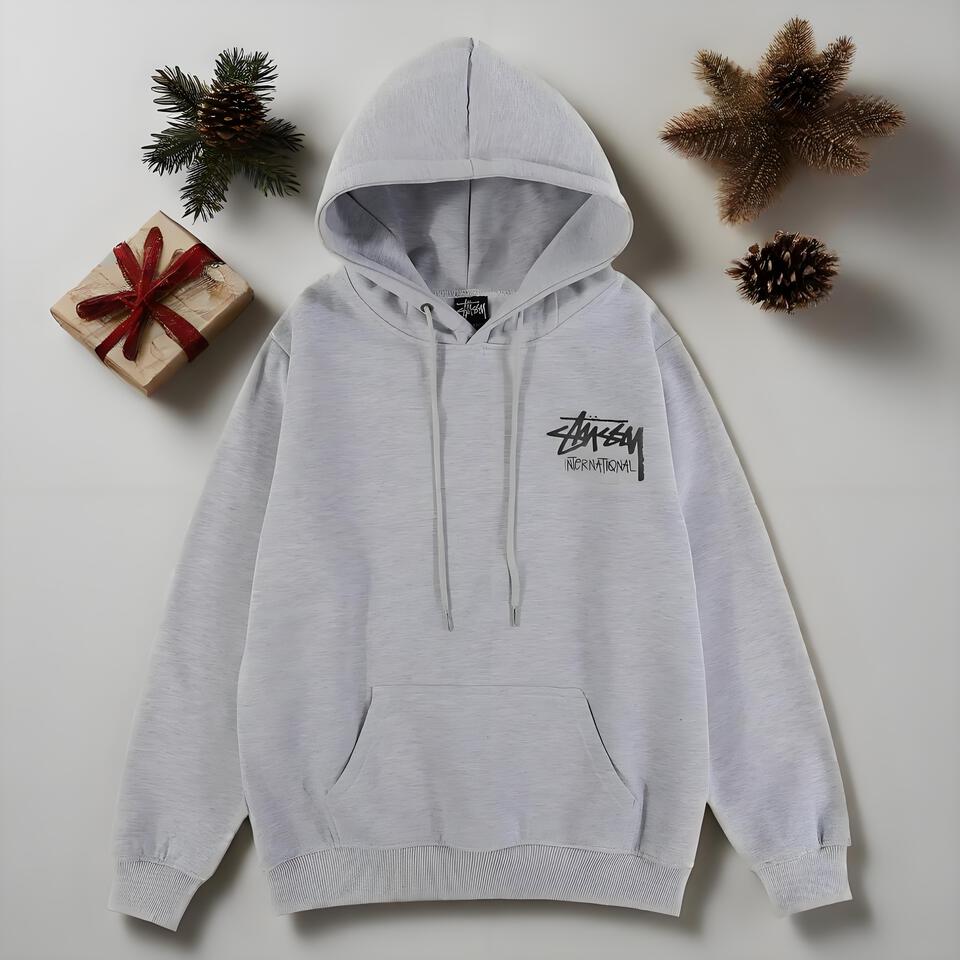 Stussy Grey Cotton Oversized Hoodie Unisex Streetwear