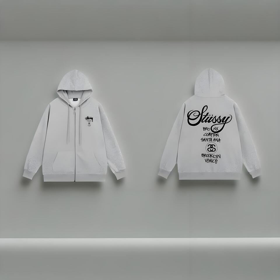 Stussy Grey Cotton Zip Hoodie Unisex Streetwear
