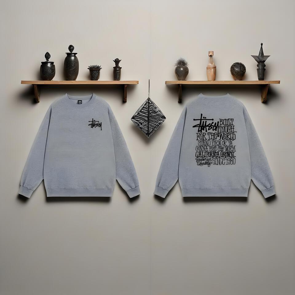 Stussy Grey Crewneck Cotton Streetwear Unisex Hoodie