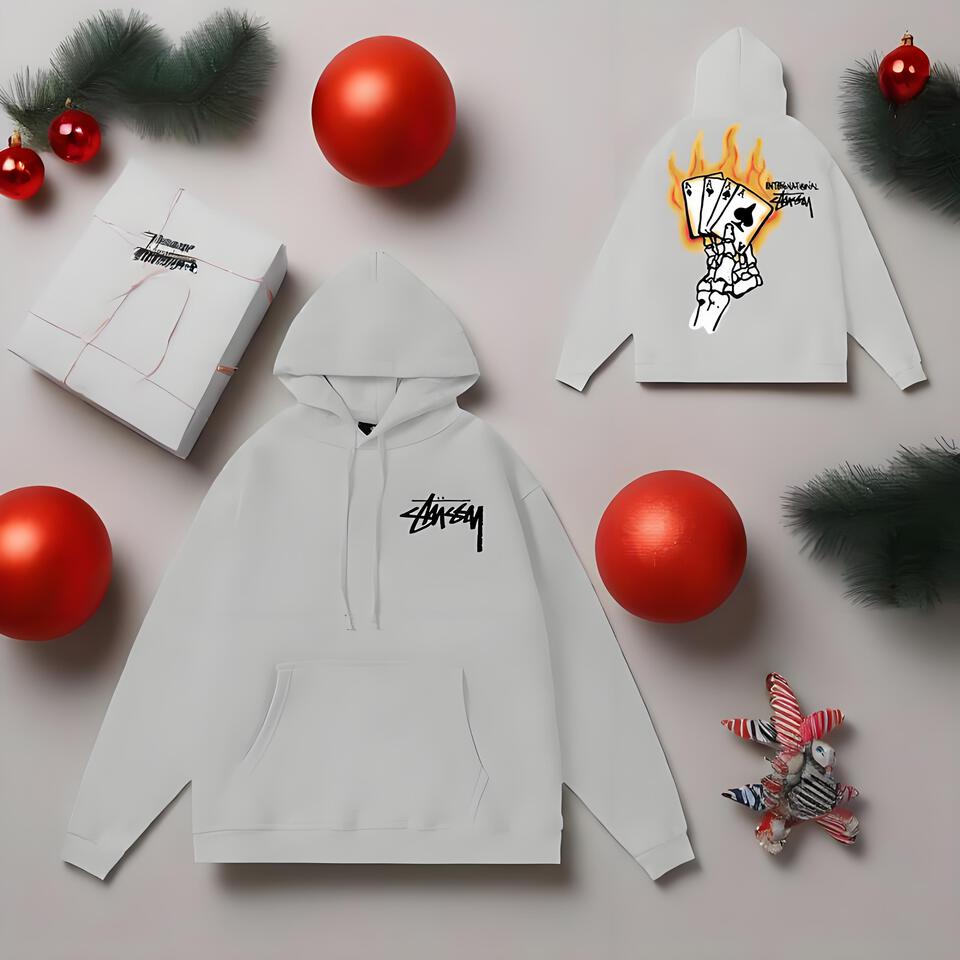 Stussy Grey Hoodie Unisex Poker Print Streetwear Loose Fit