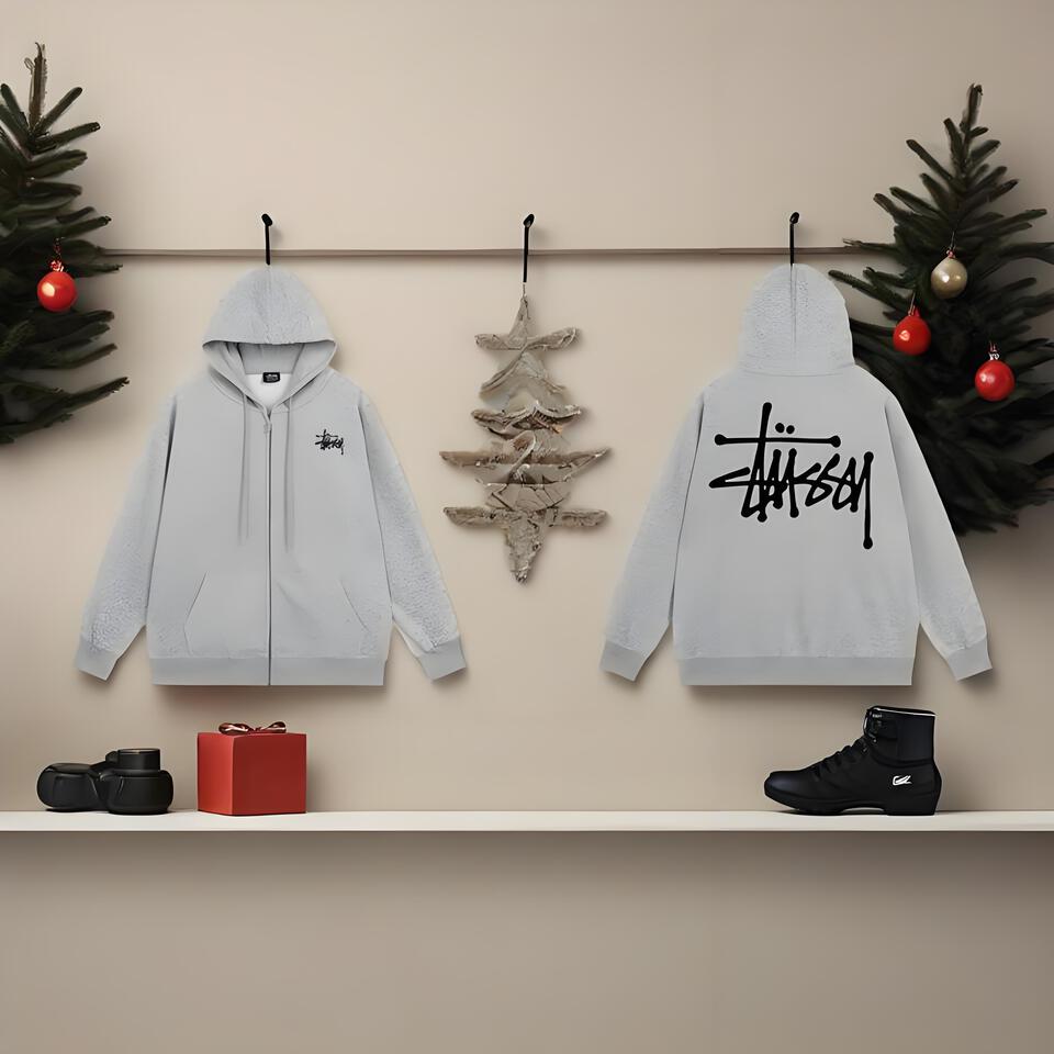 Stussy Grey Hoodie Unisex Street Graffiti Oversized Cotton Sweatshirt