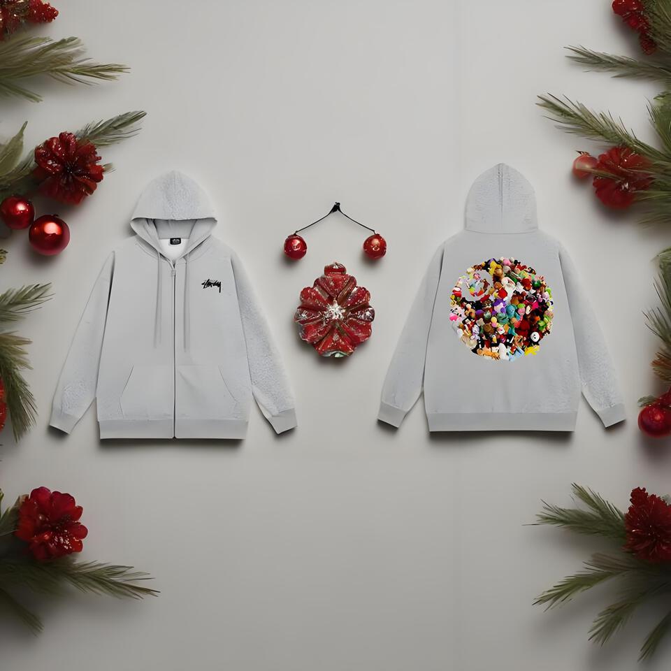 Stussy Grey Zip Hoodie Unisex Classic Streetwear Pullover