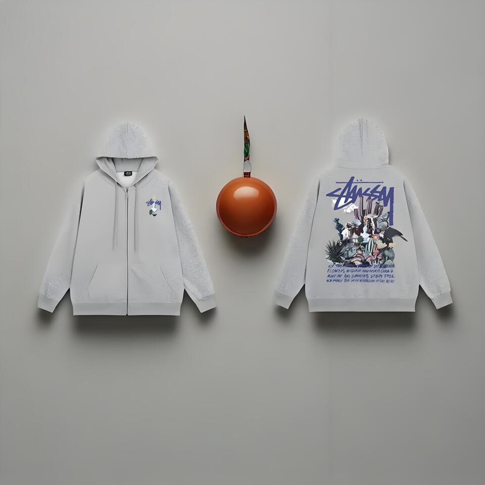 Stussy Grey Zip Hoodie Unisex Streetwear Cotton Pullover