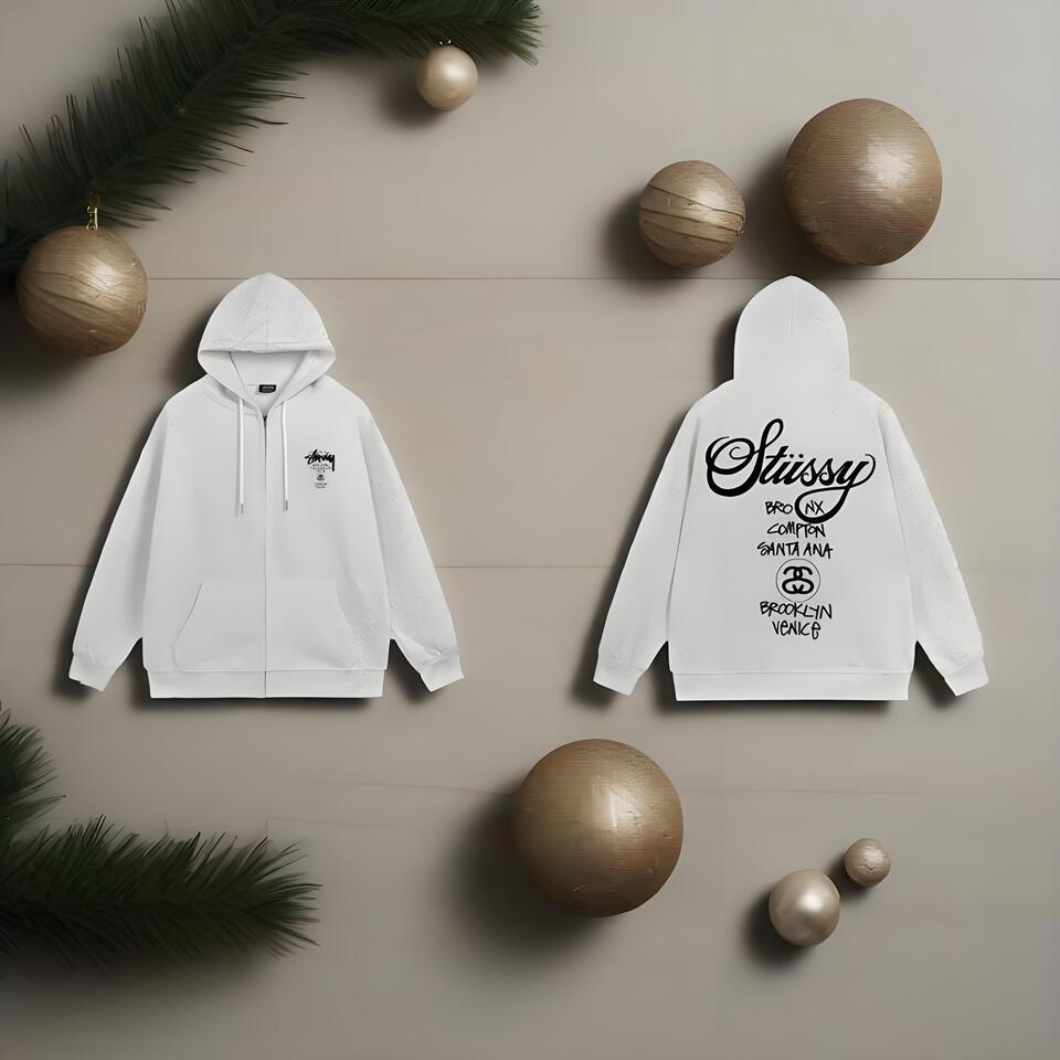 Stussy Grey Zip Hoodie Unisex Streetwear Pullover