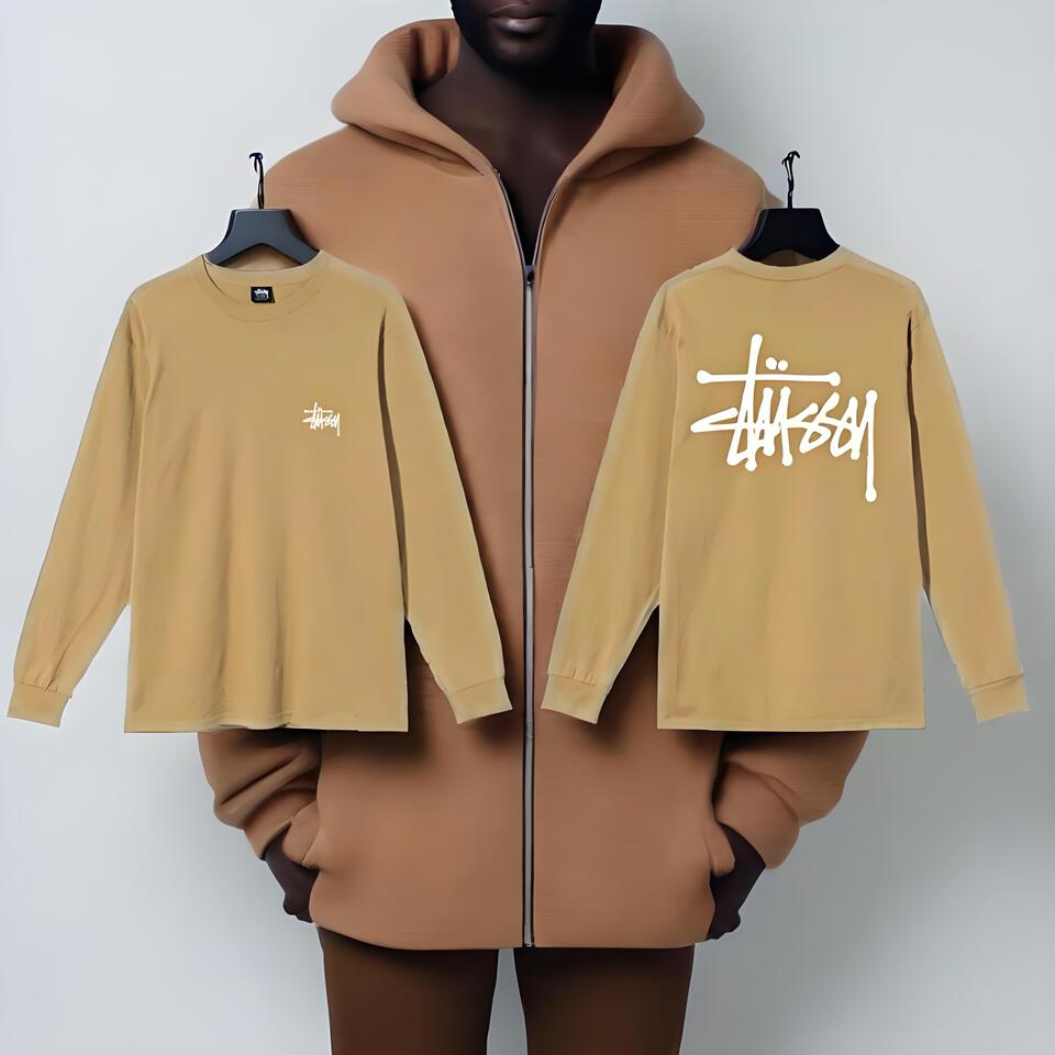 Stussy Khaki Cotton Long Sleeve Tee Street Graffiti Unisex