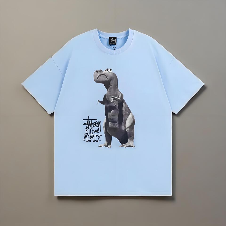 Stussy Light Blue Cotton Loose Dinosaur Print Unisex T-Shirt