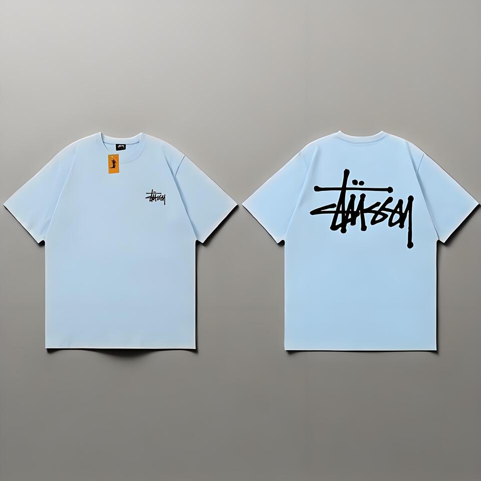 Stussy Light Blue Cotton Loose Fit Graffiti Street Tee