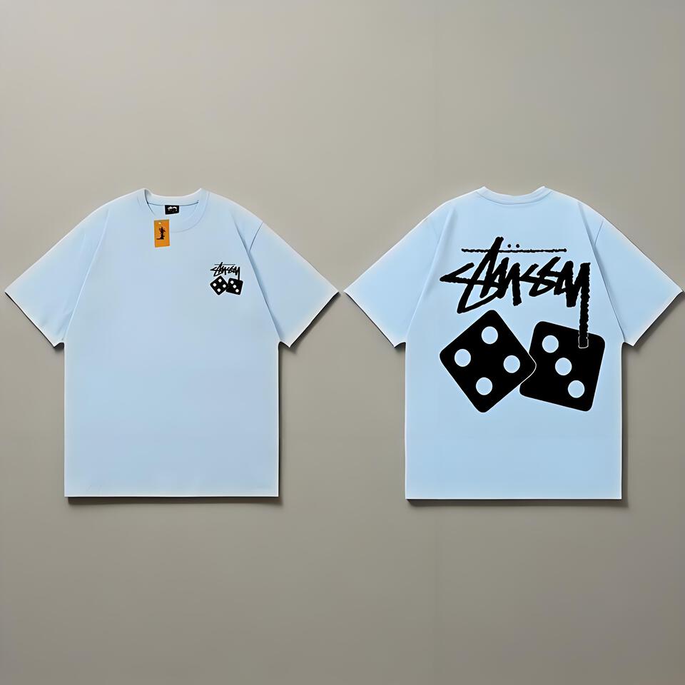Stussy Light Blue Loose Cotton Graffiti Unisex T-Shirt