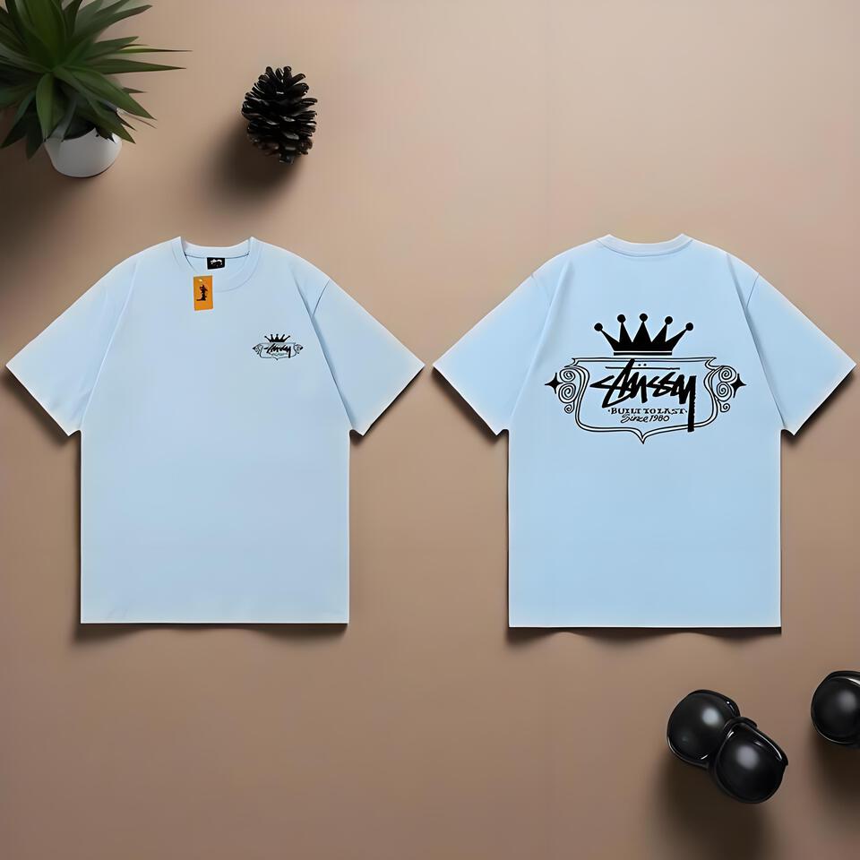 Stussy Light Blue Loose Fit Cotton T-Shirt Street Print