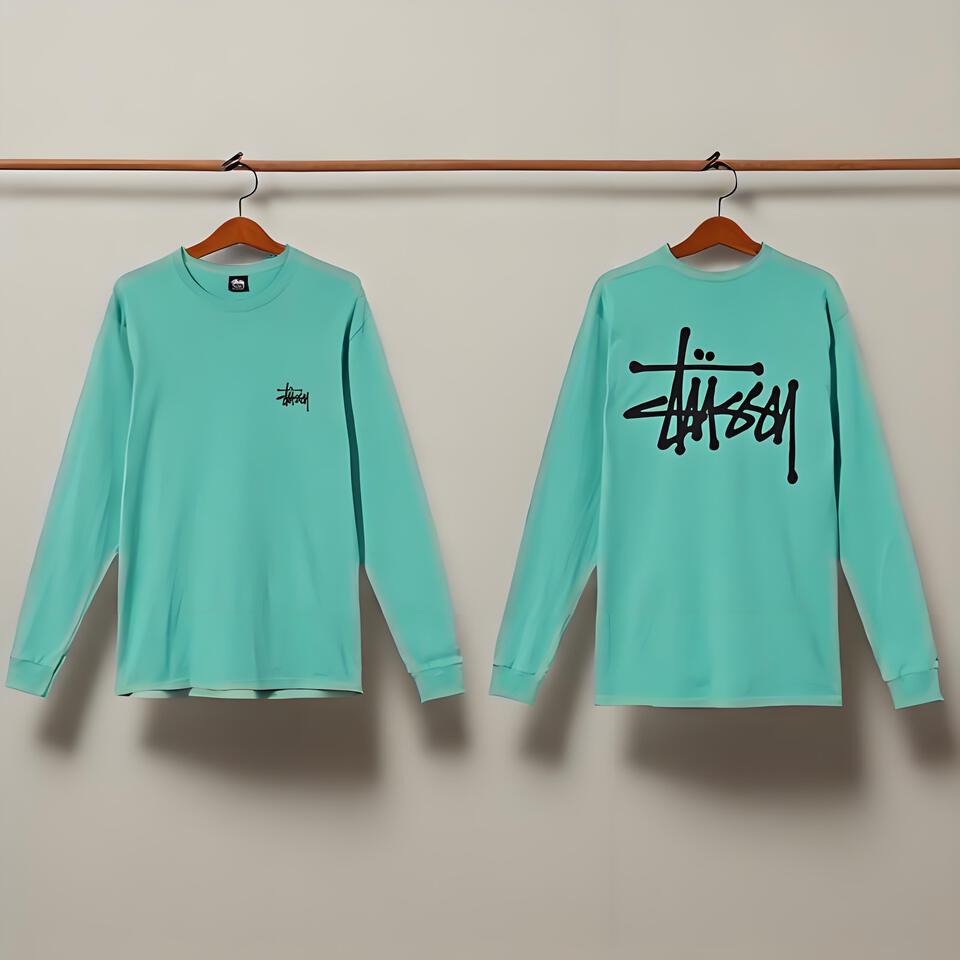 Stussy Light Green Cotton Long Sleeve Tee Street Graffiti Unisex