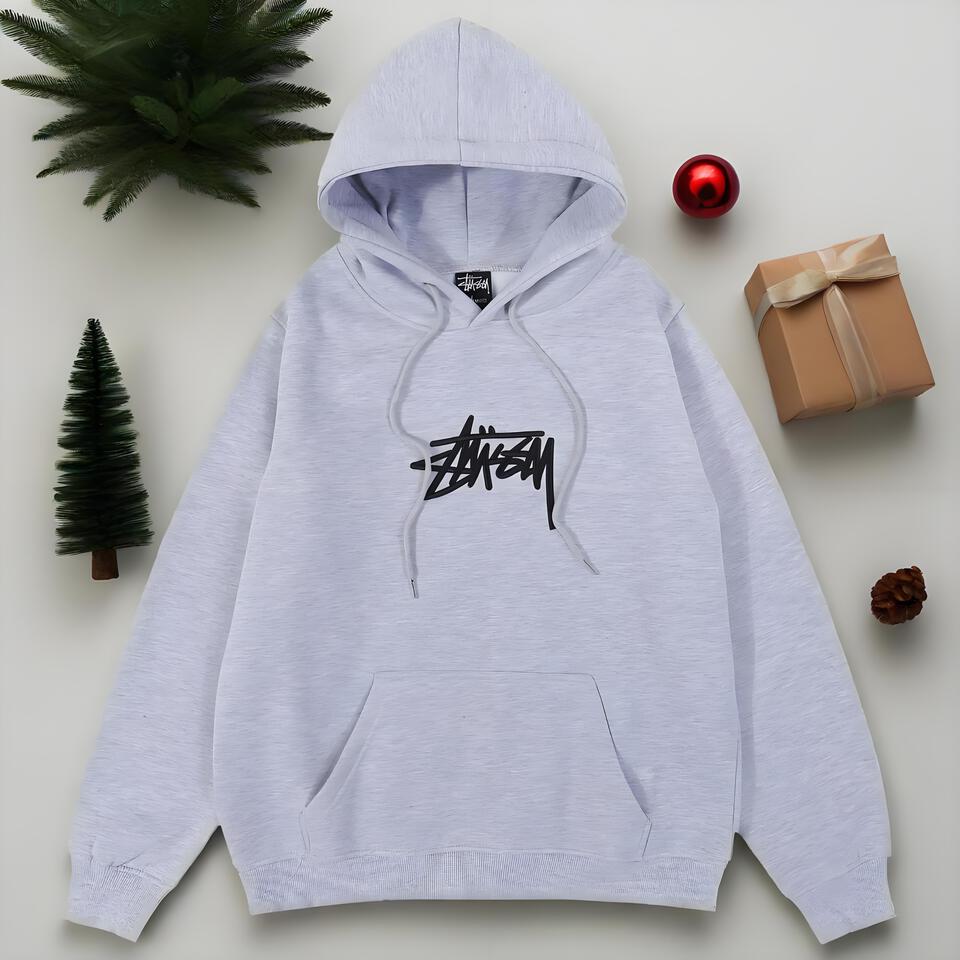 Stussy Light Grey Cotton Hoodie Unisex Streetwear Essential