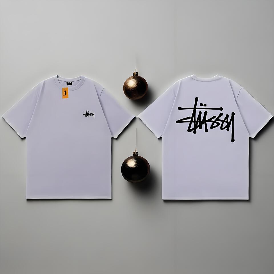 Stussy Light Purple Loose Cotton Graffiti Short Sleeve T-Shirt