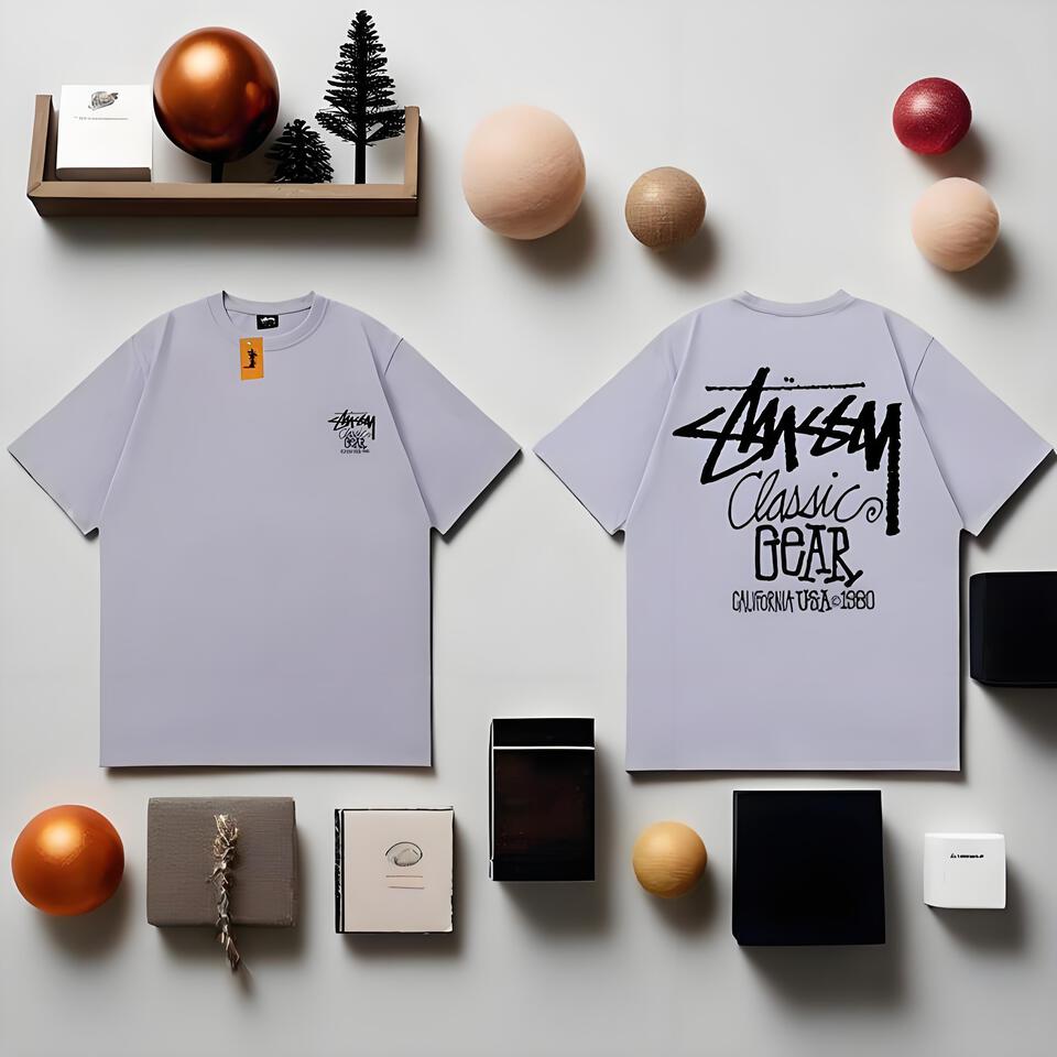 Stussy Light Purple Loose Cotton Graffiti Street T-Shirt