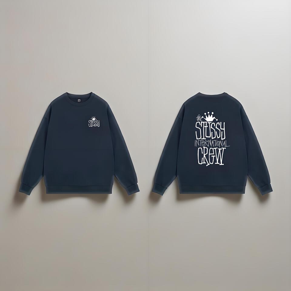 Stussy Navy Blue Cotton Crewneck Sweatshirt With Crown Embroidery