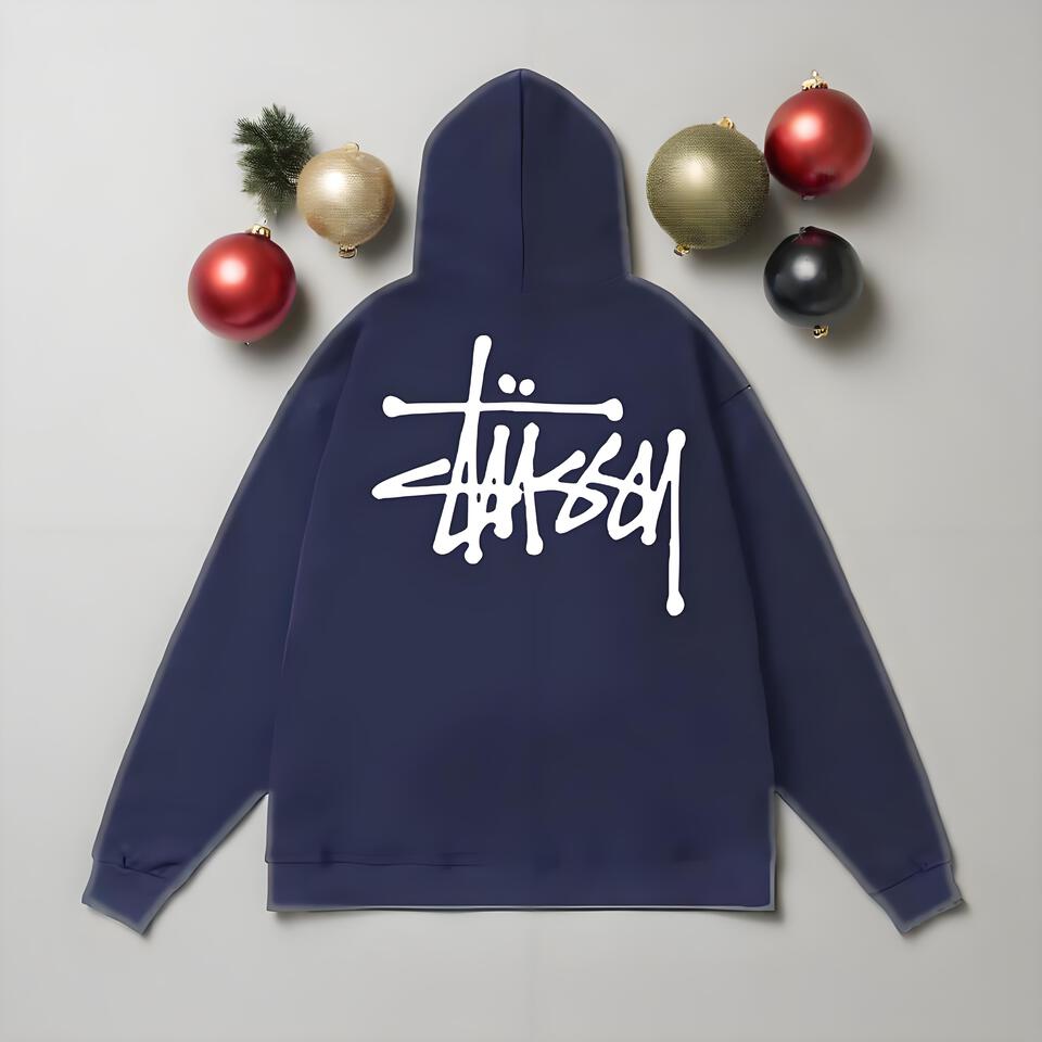 Stussy Navy Blue Cotton Graffiti Hoodie Unisex Streetwear