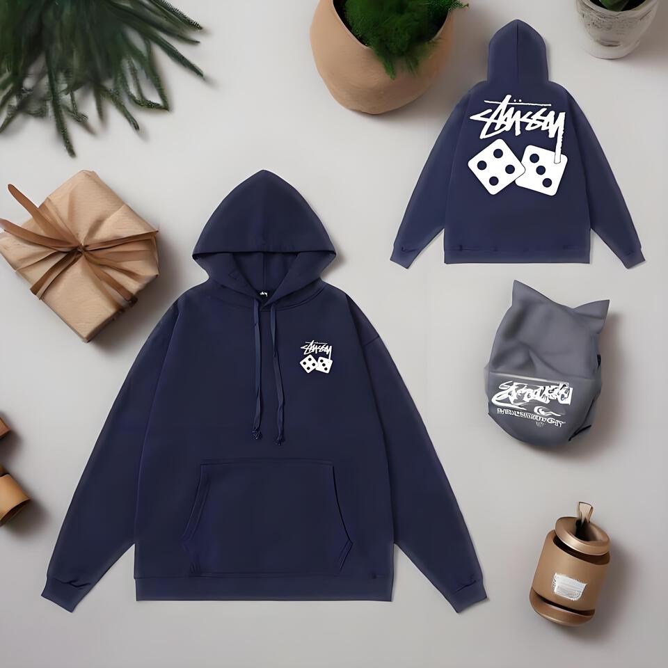 Stussy Navy Blue Cotton Hoodie Unisex Streetwear