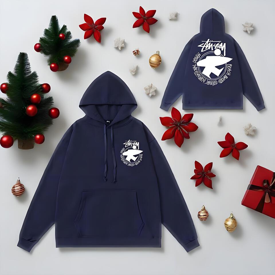 Stussy Navy Blue Cotton Hoodie Unisex Streetwear Loose Fit