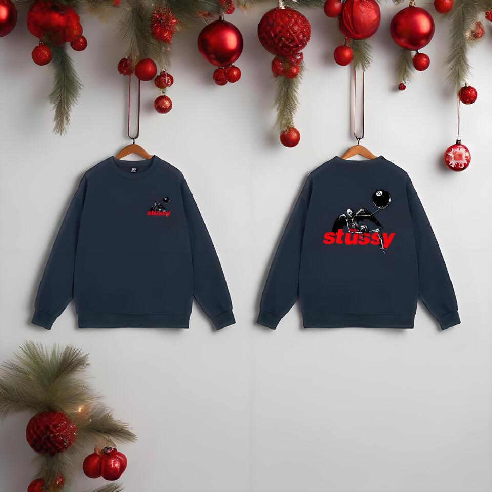 Stussy Navy Blue Cotton Streetwear Print Crewneck Sweatshirt