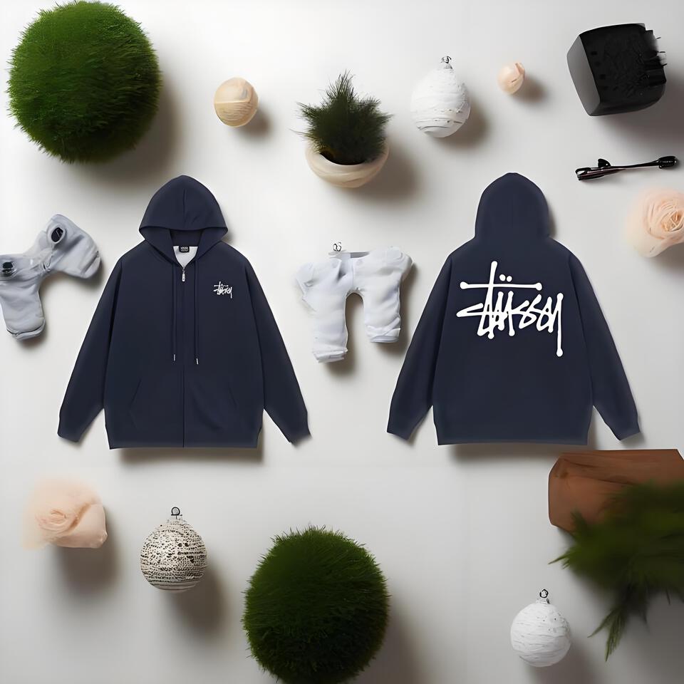 Stussy Navy Blue Hoodie Unisex Street Graffiti Loose Fit